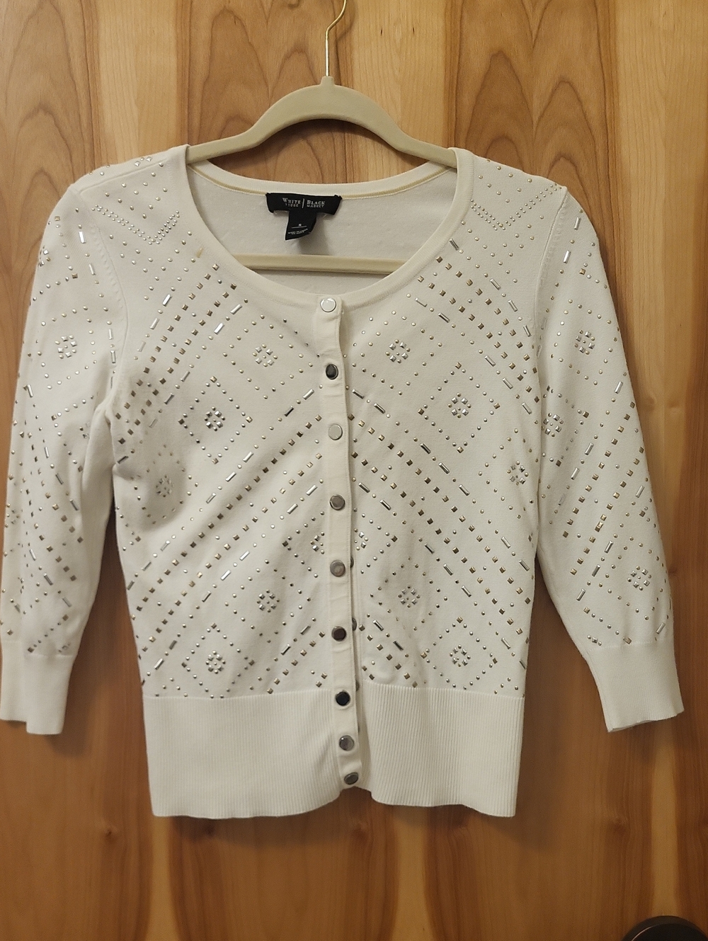 White House Black Market Ivory Jeweled Scoop Neck Cardigan
